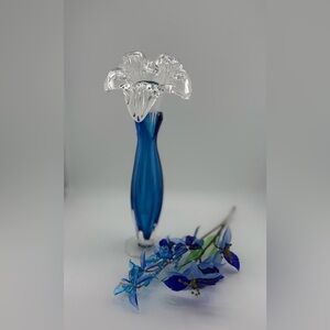 Vintage Blue Art Glass Vase w/ Hand Blown Glass Flowers & Clear Flower